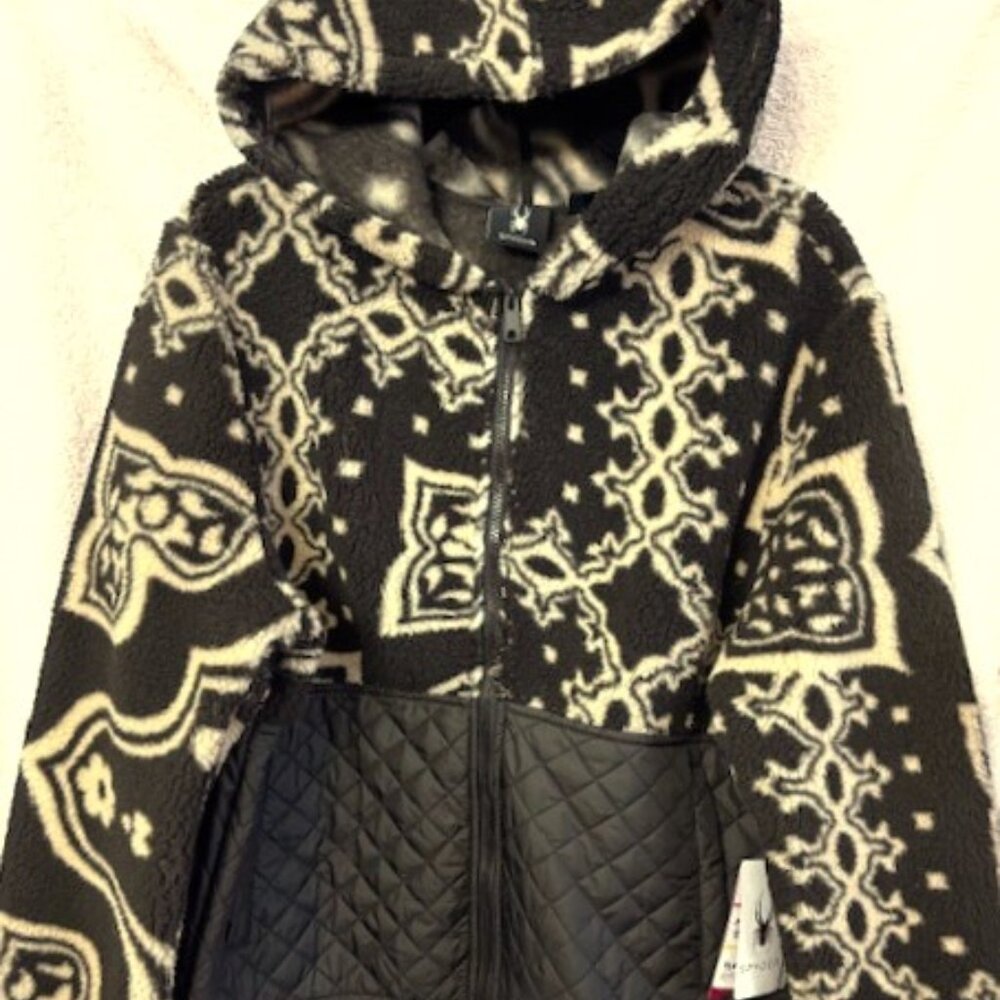 Spyder patterned fleece full zip hooded jacket in black and tan NWT Size L
